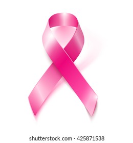 Realistic vector pink ribbon, breast cancer awareness symbol. Pink ribbon isolated on white background, pink ribbon icon