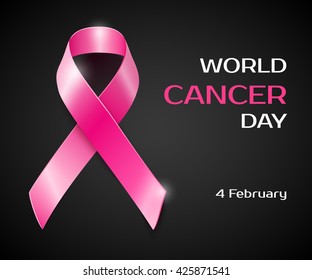 Realistic vector pink ribbon, breast cancer awareness symbol, isolated on black.