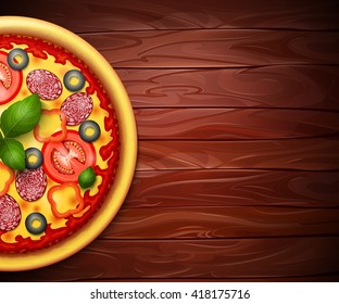 Realistic vector Pizza recipe or menu wood background. Pizza with tomatoes and pepperoni on wooden table