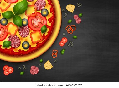 Realistic vector Pizza recipe or menu black background. Pizza with tomatoes and pepperoni on blackboard, Italian pizza background with ingredients