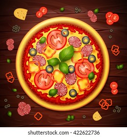 Realistic vector Pizza recipe or menu wood background. Pizza with tomatoes and pepperoni on wooden table