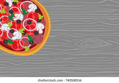 Realistic vector Pizza recipe or menu wood background. Pizza with tomatoes and pepperoni on wooden table