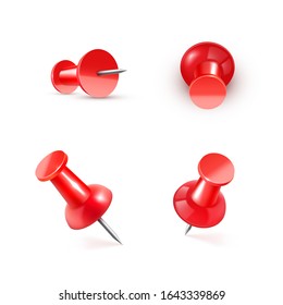 Realistic vector plastic glossy red push pin 3D vector icon on white background.