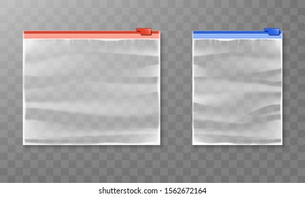 Realistic vector plastic zipper bag mockup isolated on transparent background. Transparent packaging zipper bag.