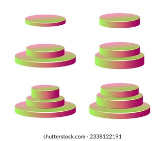 Realistic vector podium set, 3d scene mockup. Round shape award pedestal, showcase stand platform.