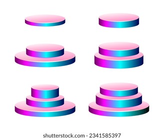 Realistic vector podium set, 3d scene mockup. Round shape award pedestal, showcase stand platform.