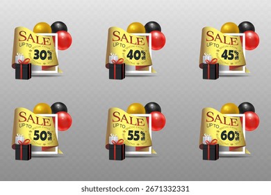 Realistisches Vektorposter mit Ballons und dekorativen Verpackungen