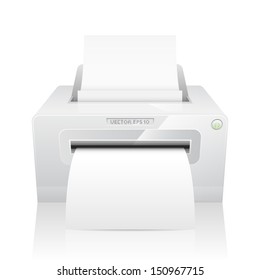 Realistic vector printer, white model with paper.