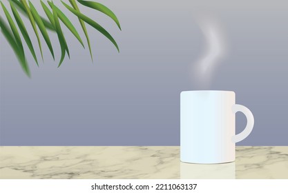 Realistic vector product display stand with white coffee mug with steam, marble table and green palm leaves. Cafe mock-up. Copy space