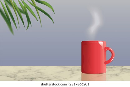 Realistic vector product display stand with red coffee mug with steam, marble table and green palm leaves. Cafe mock-up. Copy space