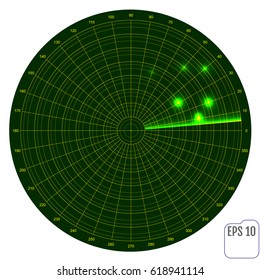Realistic vector radar in searching . Air search. Military search system blip illustration . Navigation interface wallpaper .