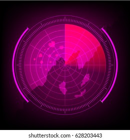 Realistic vector radar in searching . Air search . Military search system blip illustration . Navigation interface wallpaper . Color pink tone.