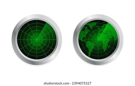 Realistic vector radar in searching. World map with a radar screen. Air search. Military search system blip illustration. Navigation interface wallpaper. Navy sonar. Vector illustration