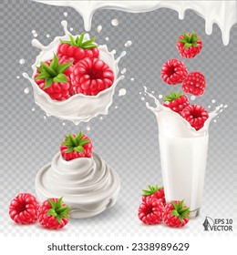 Realistic vector raspberry in milk or yogurt with drops. Bowl of natural yogurt or cream. Ripe berries falling into a glass of fresh milk. 3d isolated food illustrations set