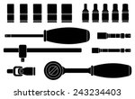 Realistic vector ratchet and socket icon set. Mechanic service kit. Black and white clip art vector isolated