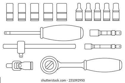 Realistic vector ratchet and socket icon set. Mechanic service kit. Contour lines clip art illustration isolated on white