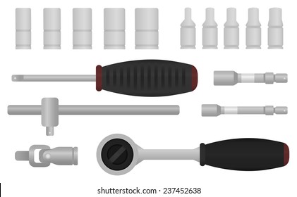 Realistic vector ratchet and socket icon set. Mechanic service kit. Color no outline clip art vector isolated on white