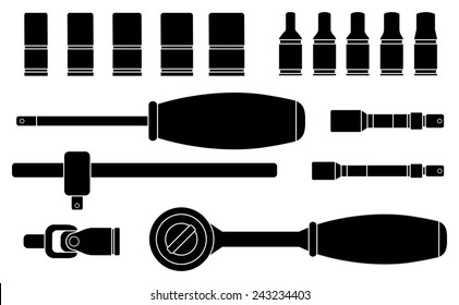 Realistic vector ratchet and socket icon set. Mechanic service kit. Black and white clip art vector isolated