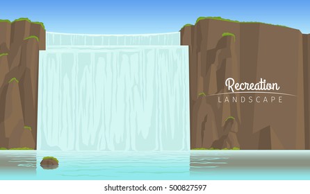 Realistic vector recreation tourism landscape, horizontal background with waterfall
