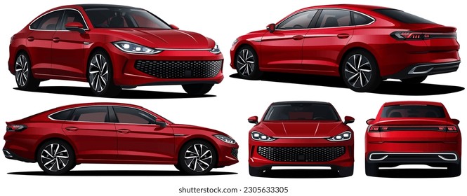 Realistic Vector Red 3d Car Sedan Isolated with transparency gradients with front, back, side and isometric view - Shutterstock ID 2305633305