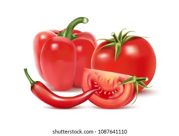 Realistic vector of red chilly pepper and tomatoes isolated on white background. 3D Vector ilustration.