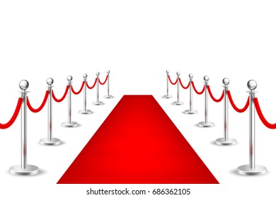 Realistic vector red event carpet and silver barriers isolated on white background. Design template, clipart in EPS10.