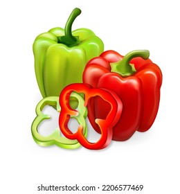 Realistic vector. Red and green paprika. Whole peppers and slices. 3d illustration

