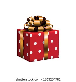 Realistic vector red polka dot gift box with gold bow. Isolated illustration of holiday packaging. Use it as a greeting card element for Christmas, Valentine's day, birthday or other holiday