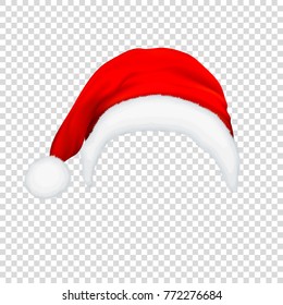 Realistic vector red Santa Claus hat icon isolated on transparency grid background. Design template accessory of Christmas and New Year party for app, web etc