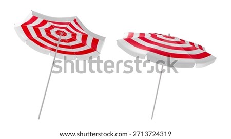 Realistic vector red and white striped sunshades captured from different angles evokes the feeling of a relaxing summer holiday at a seaside resort