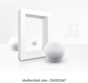 Realistic vector render of three white balls and one white blank frame.