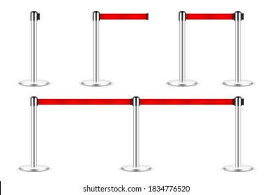 Realistic vector retractable belt stanchion. Crowd control barrier posts with caution strap. Queue lines. Restriction border and danger tape.