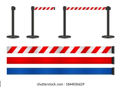 Realistic vector retractable belt stanchion. Crowd control barrier posts with caution strap. Queue lines. Restriction border and danger tape.