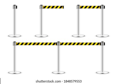 Realistic vector retractable belt stanchion. Crowd control barrier posts with caution strap. Queue lines. Restriction border and danger tape.