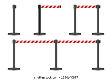 Realistic vector retractable belt stanchion. Crowd control barrier posts with caution strap. Queue lines. Restriction border and danger tape.