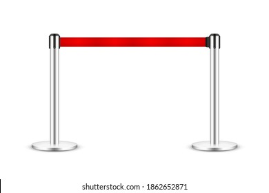 Realistic vector retractable belt stanchion. Crowd control barrier posts with caution strap. Queue lines. Restriction border and danger tape.