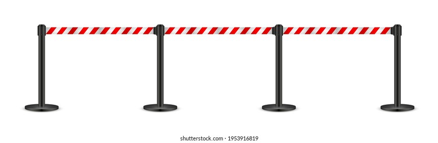 Realistic vector retractable belt stanchion. Crowd control barrier posts with caution strap. Queue lines. Restriction border and danger tape.
