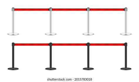 Realistic vector retractable belt stanchion. Crowd control barrier posts with caution strap. Queue lines. Restriction border and danger tape.