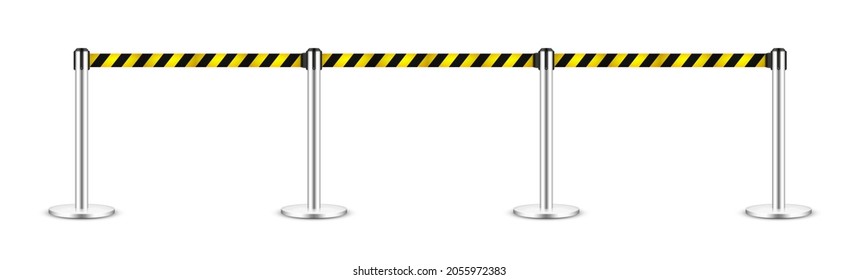 Realistic vector retractable belt stanchion. Crowd control barrier posts with caution strap. Queue lines. Restriction border and danger tape.