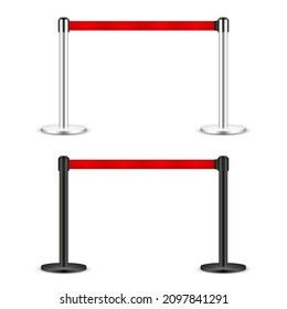 Realistic vector retractable belt stanchion. Crowd control barrier posts with caution strap. Queue lines. Restriction border and danger tape.