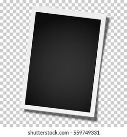 Realistic vector retro photo frame placed vertically  on transparent background. Template photo design.