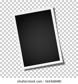 Realistic vector retro photo frame placed vertically slightly tilted on transparent background. Template photo design.