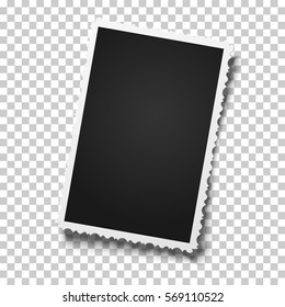 Realistic vector retro photo frame with figured edges slightly tilted to the right placed vertically on transparent background. Template photo design.