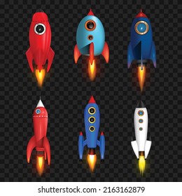 Realistic vector retro space rocket ship launch icon set isolate on transparent background. Vector background with retro space rocket ship launch, Template