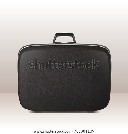 Realistic vector retro vintage leather black suitcase icon closeup. Design template, clipart or mockup for graphics, branding, advertising. Side view