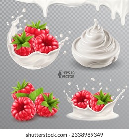 Realistic vector ripe raspberries in a milk or yogurt splash with drops. Bowl of fresh natural yogurt or cream. 3d isolated food illustration set