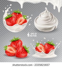 Realistic vector ripe strawberries in a milk or yogurt splash with drops. Bowl of fresh natural yogurt or cream. 3d isolated food illustration set. Strawberry collection