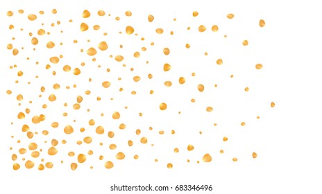 Realistic vector rose petals confetti flying. Yellow rose petals falling down. Tender romantic floral decoration. 3d petal shower isolated. Wedding, valentine, birthday or natural cosmetics background