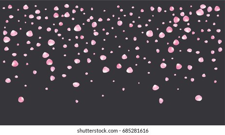 Realistic vector rose petals confetti flying. Pink rose petals falling down. Tender romantic floral decoration. 3d petal shower isolated. Wedding, valentine, birthday or natural cosmetics background.