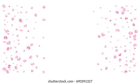 Realistic vector rose petals confetti flying. Pink rose petals falling down. Tender romantic floral decoration. 3d petal shower isolated. Wedding, valentine, birthday or natural cosmetics background.
